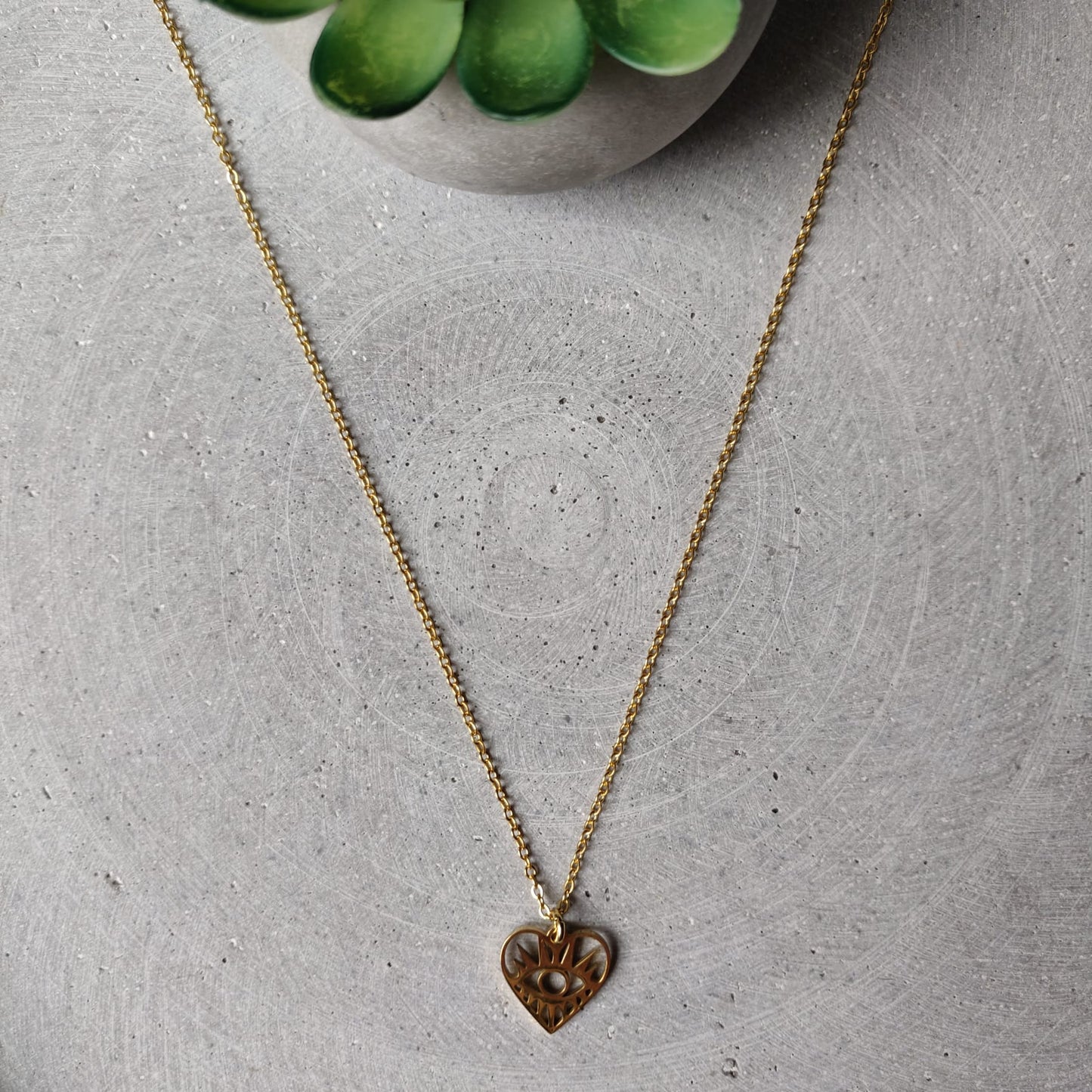 Heart Eye Gold Tone Stainless Steel Necklace