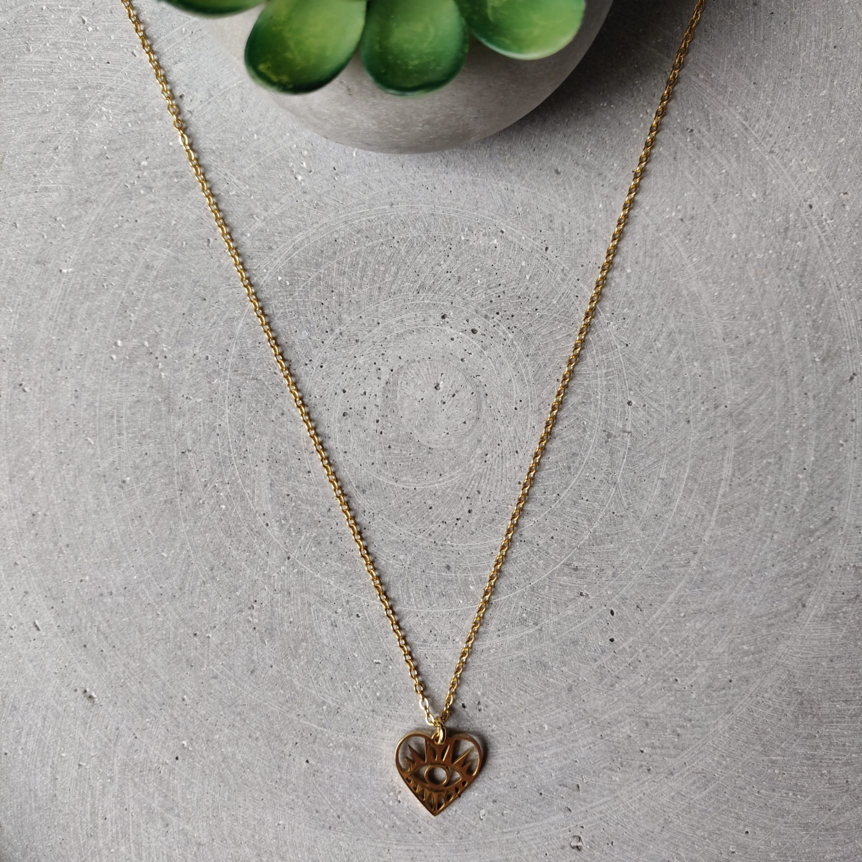 Heart Eye Gold Tone Stainless Steel Necklace
