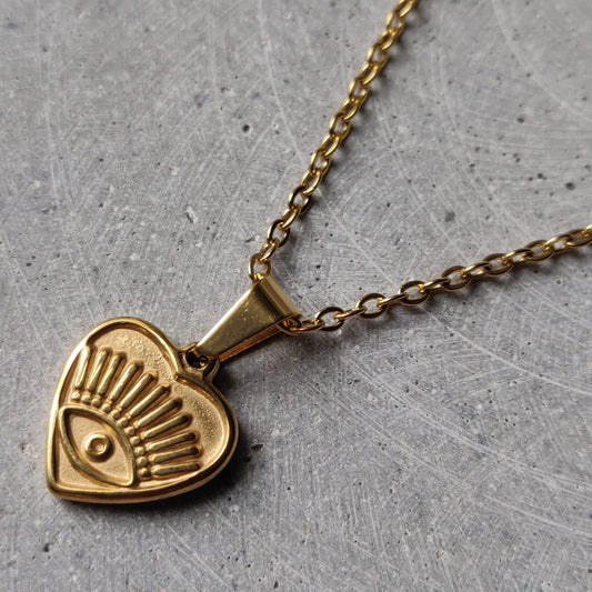Heart Eye Gold Tone Stainless Steel Necklace