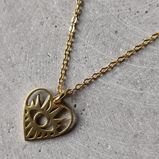 Heart Eye Gold Tone Stainless Steel Necklace