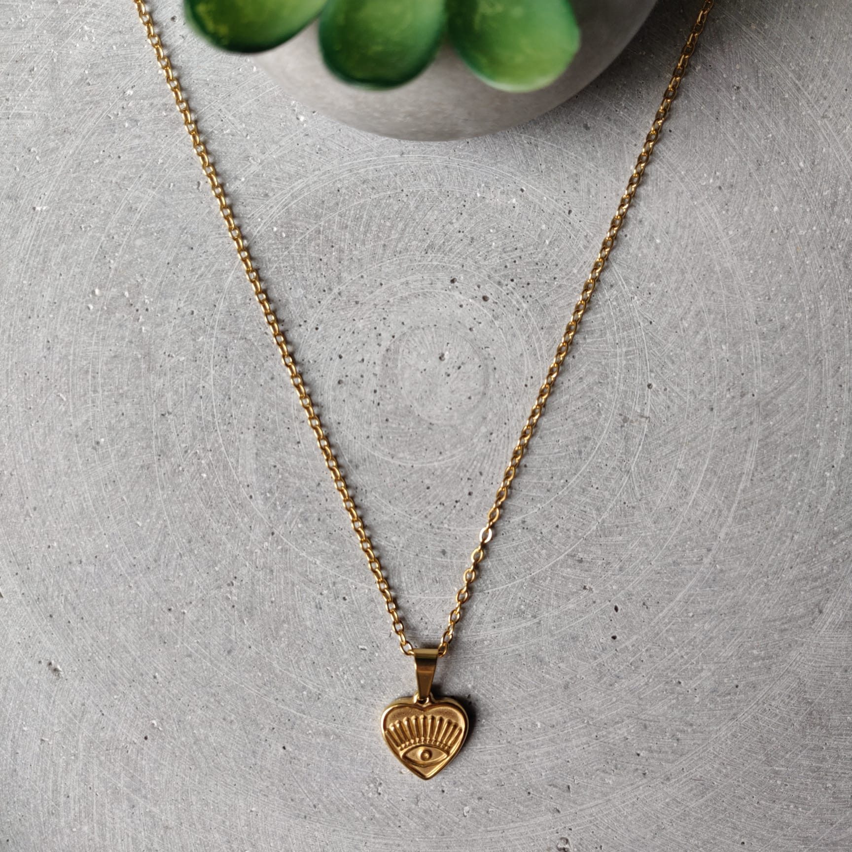 Heart Eye Gold Tone Stainless Steel Necklace