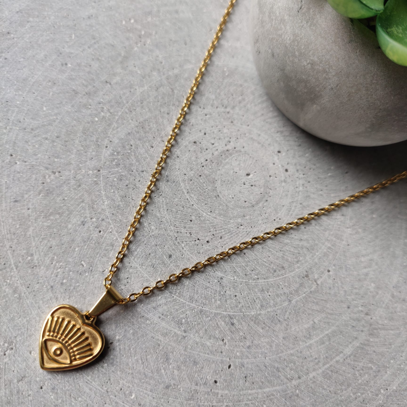 Heart Eye Gold Tone Stainless Steel Necklace