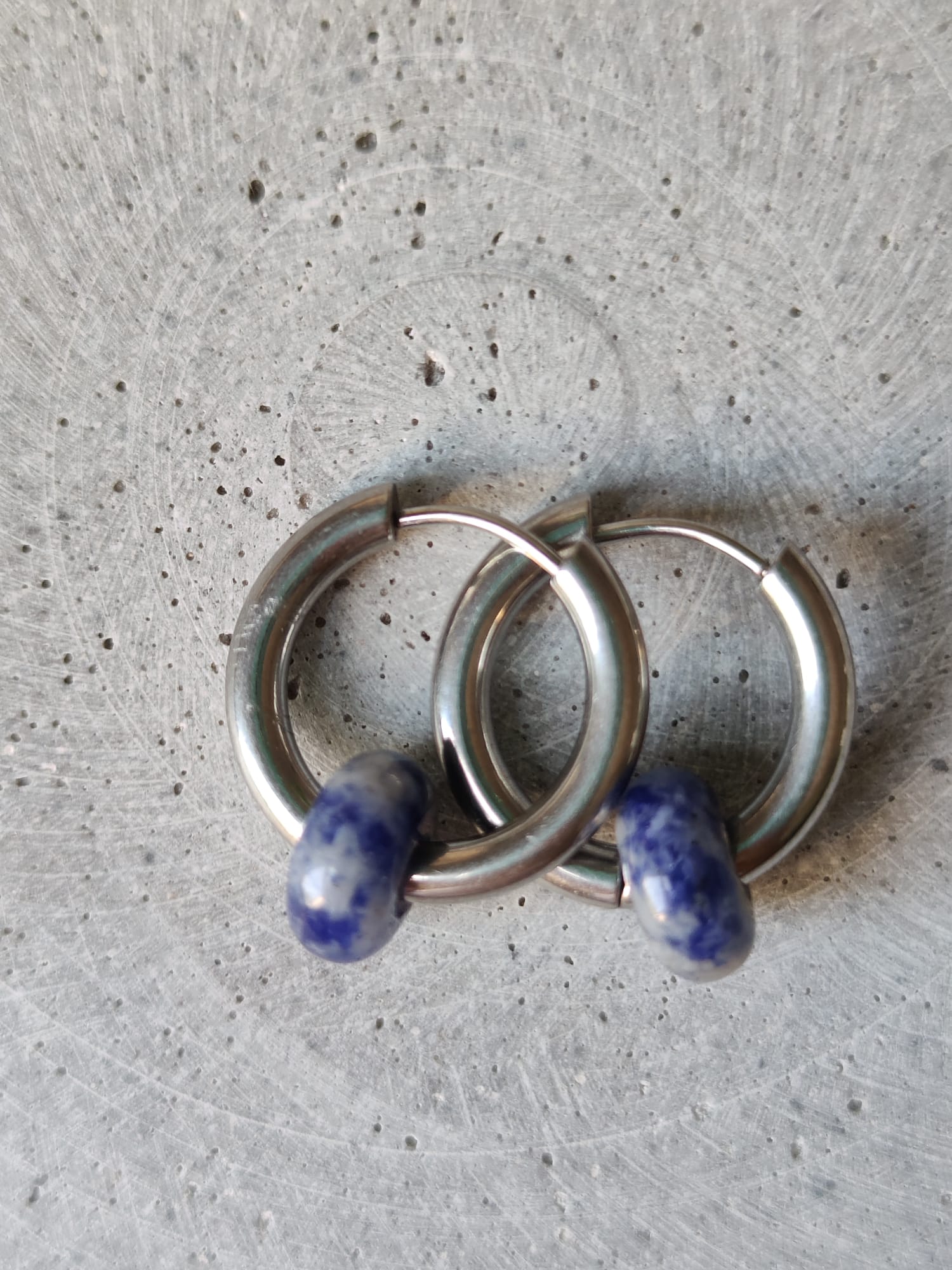 Blue Spot Jasper Donut Earrings 20mm on Stainless Steel Huggie