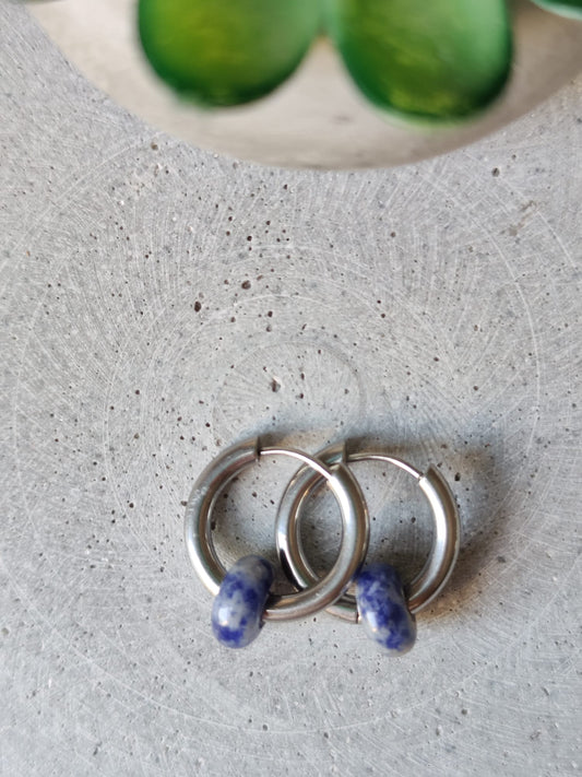 Blue Spot Jasper Donut Earrings 20mm on Stainless Steel Huggie