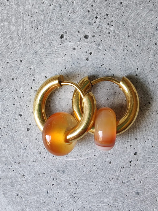 Carnelian Donut Earrings 15mm on Gold Tone Stainless Steel Huggie
