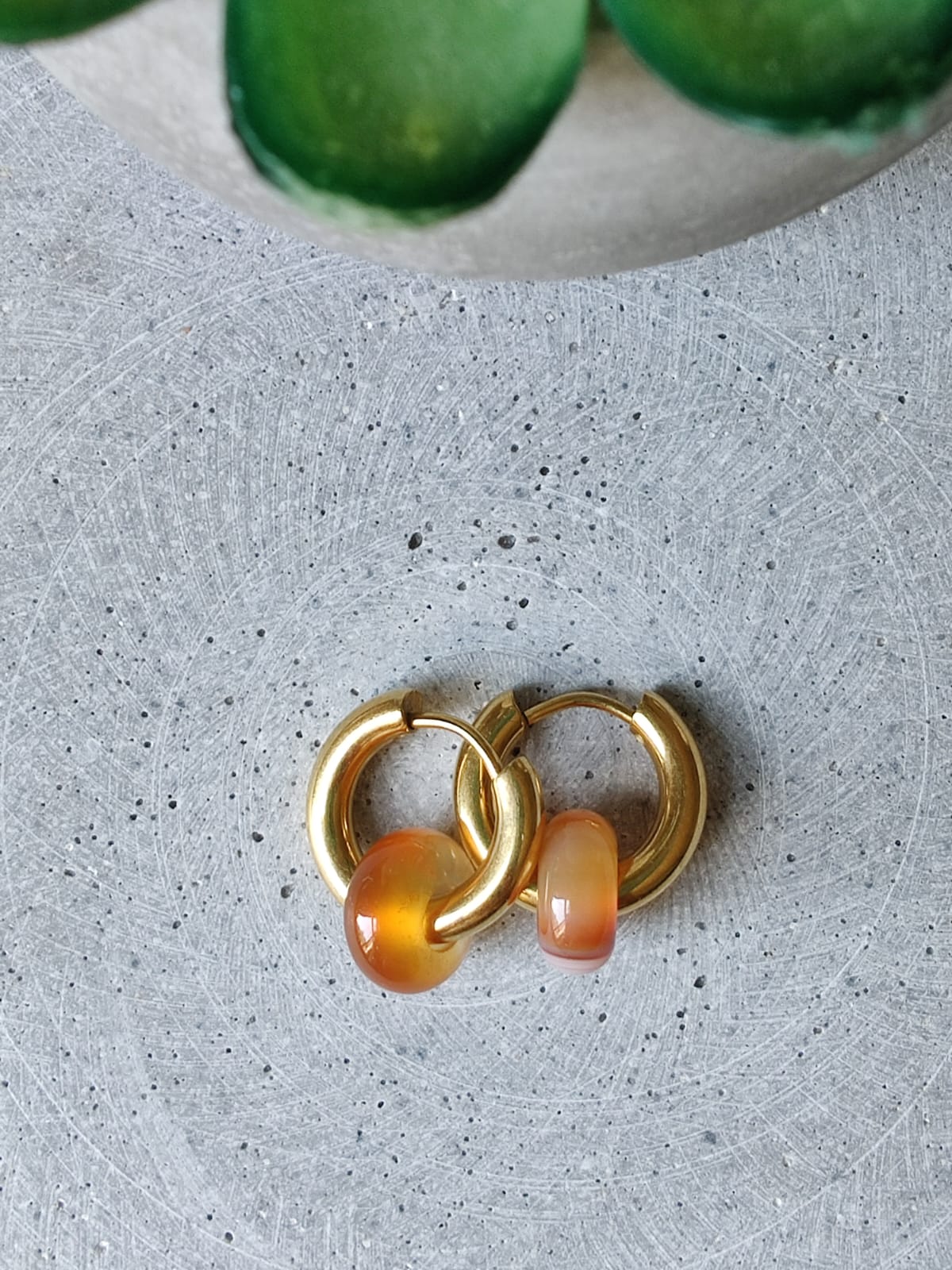 Carnelian Donut Earrings 15mm on Gold Tone Stainless Steel Huggie