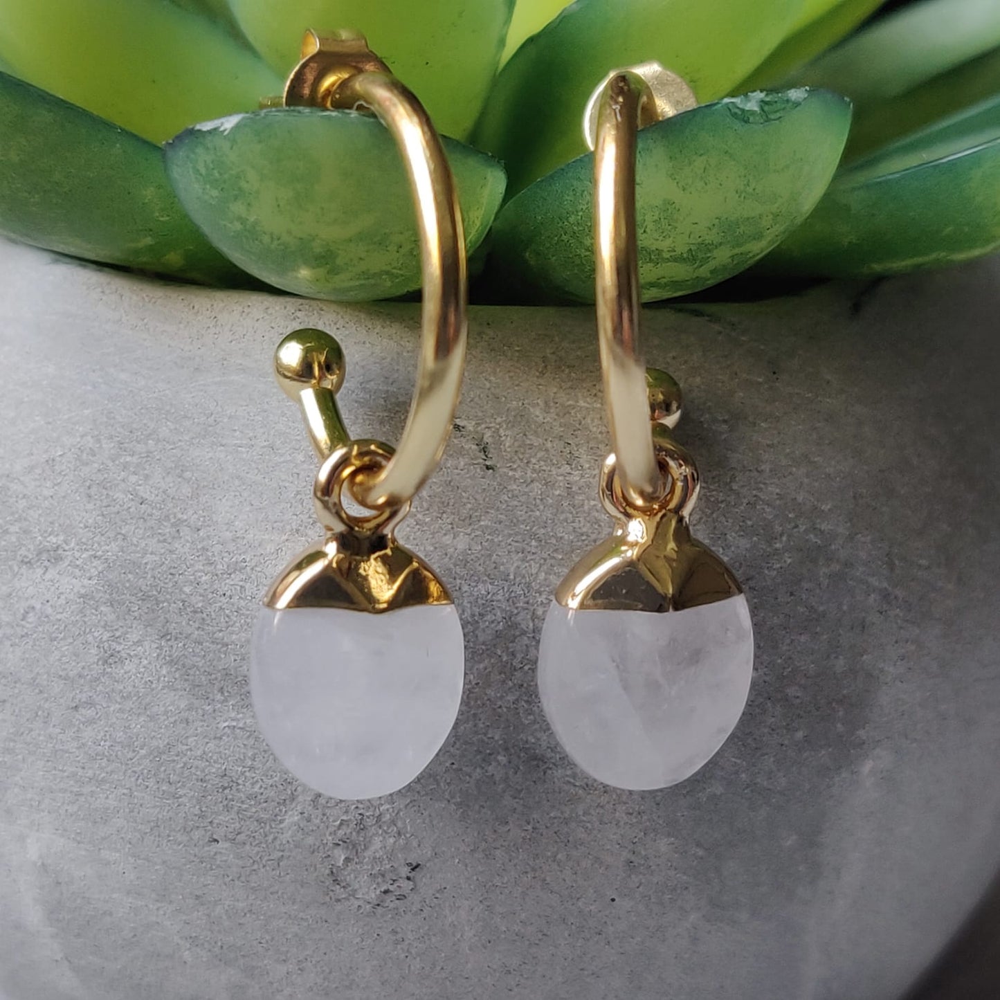 Clear Quartz Oval Gold Tone Stainless Steel Drop Earrings