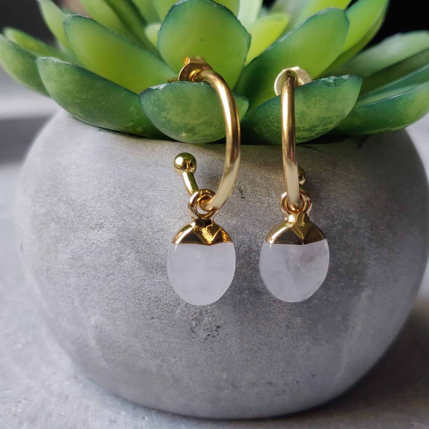 Clear Quartz Oval Gold Tone Stainless Steel Drop Earrings