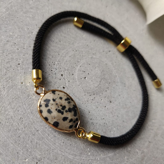 Dalmatian Jasper Adjustable Blacelet on a Black Twisted Cord