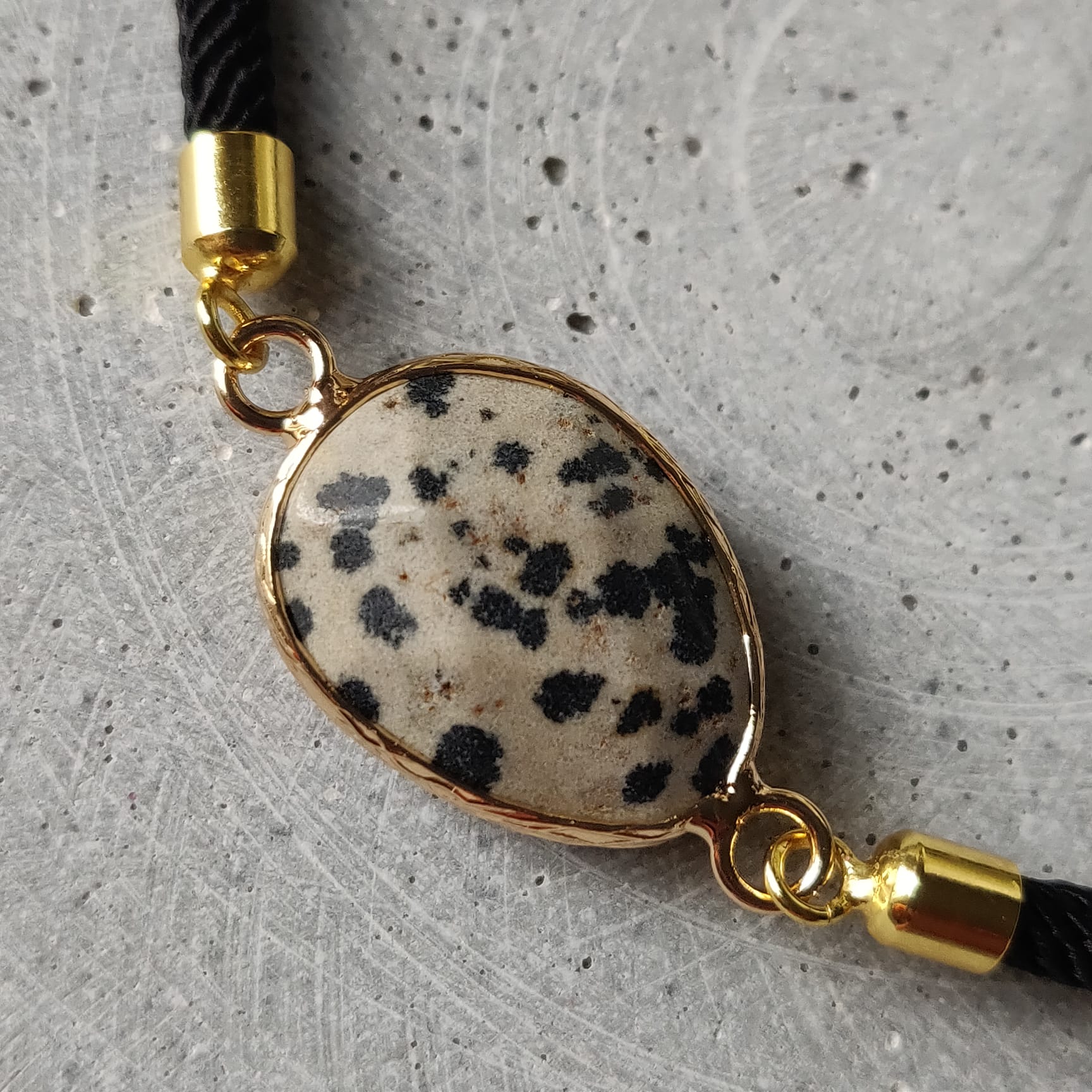 Dalmatian Jasper Adjustable Blacelet on a Black Twisted Cord