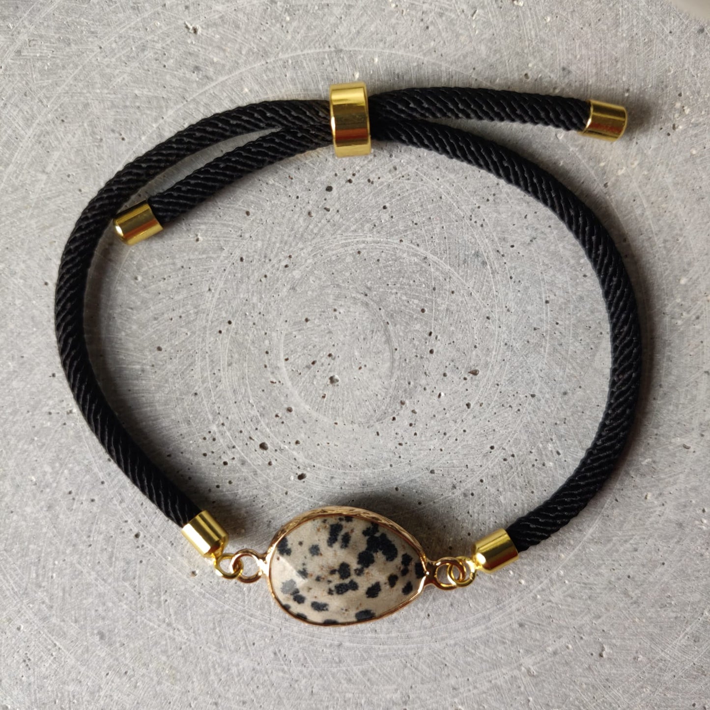 Dalmatian Jasper Adjustable Blacelet on a Black Twisted Cord