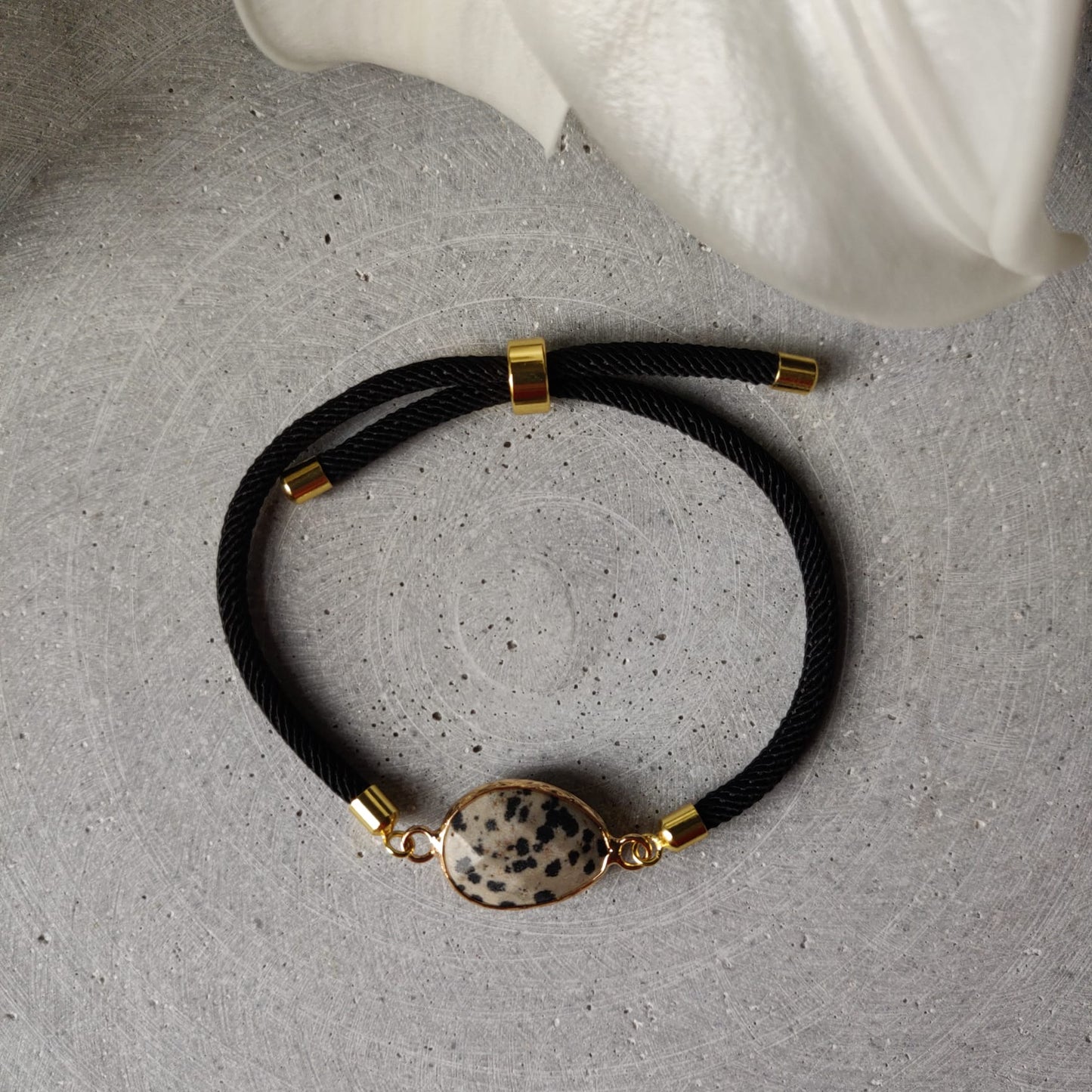 Dalmatian Jasper Adjustable Blacelet on a Black Twisted Cord