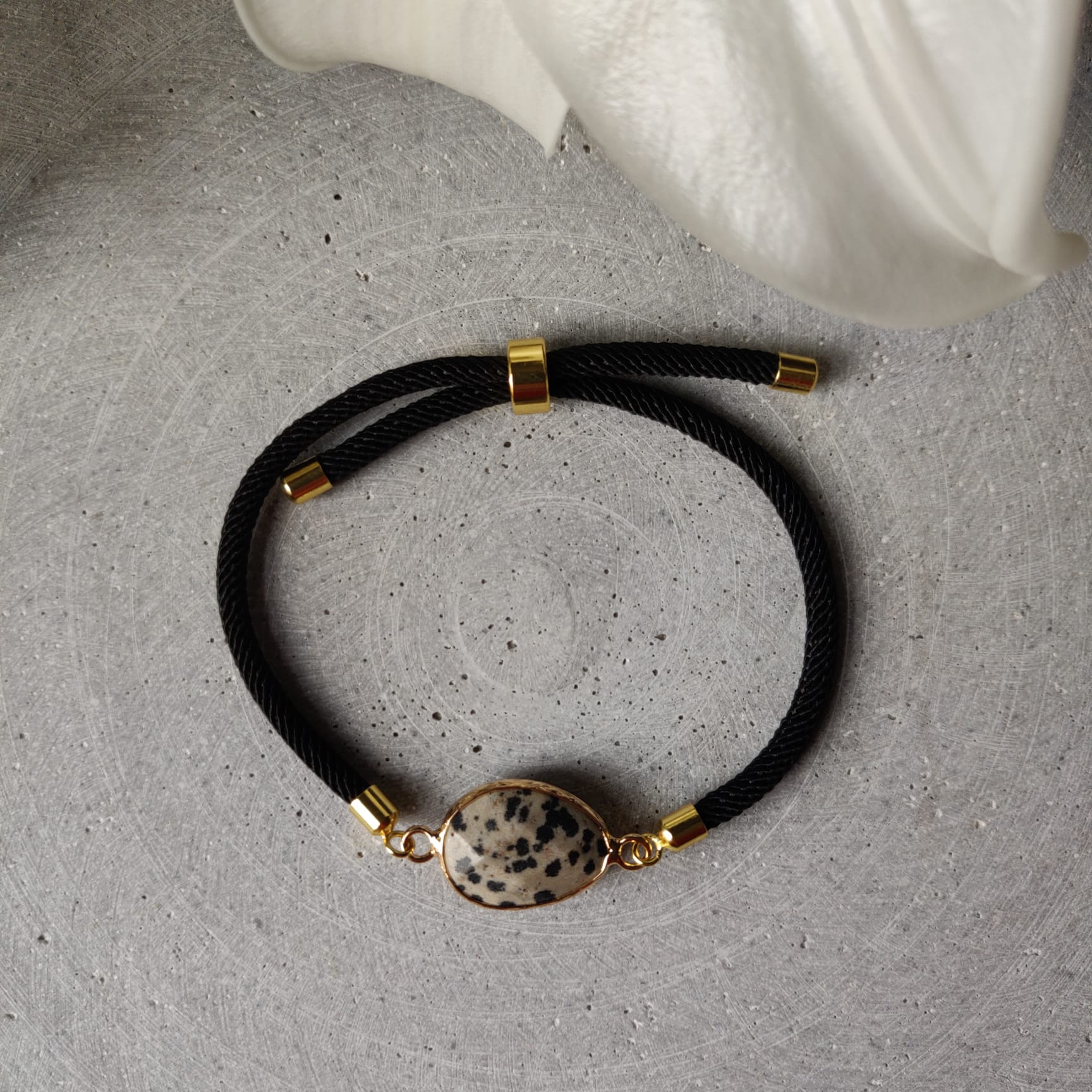 Dalmatian Jasper Adjustable Blacelet on a Black Twisted Cord