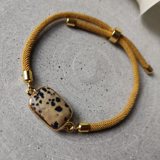 Dalmatian Jasper Adjustable Bracelet on a Mustard Twisted Cord