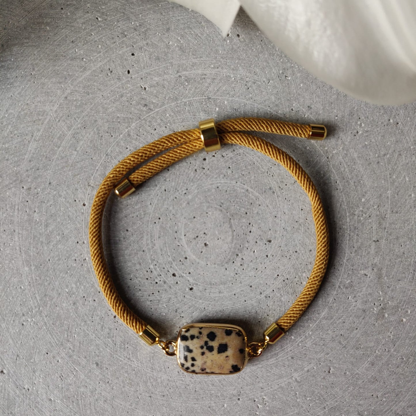 Dalmatian Jasper Adjustable Bracelet on a Mustard Twisted Cord