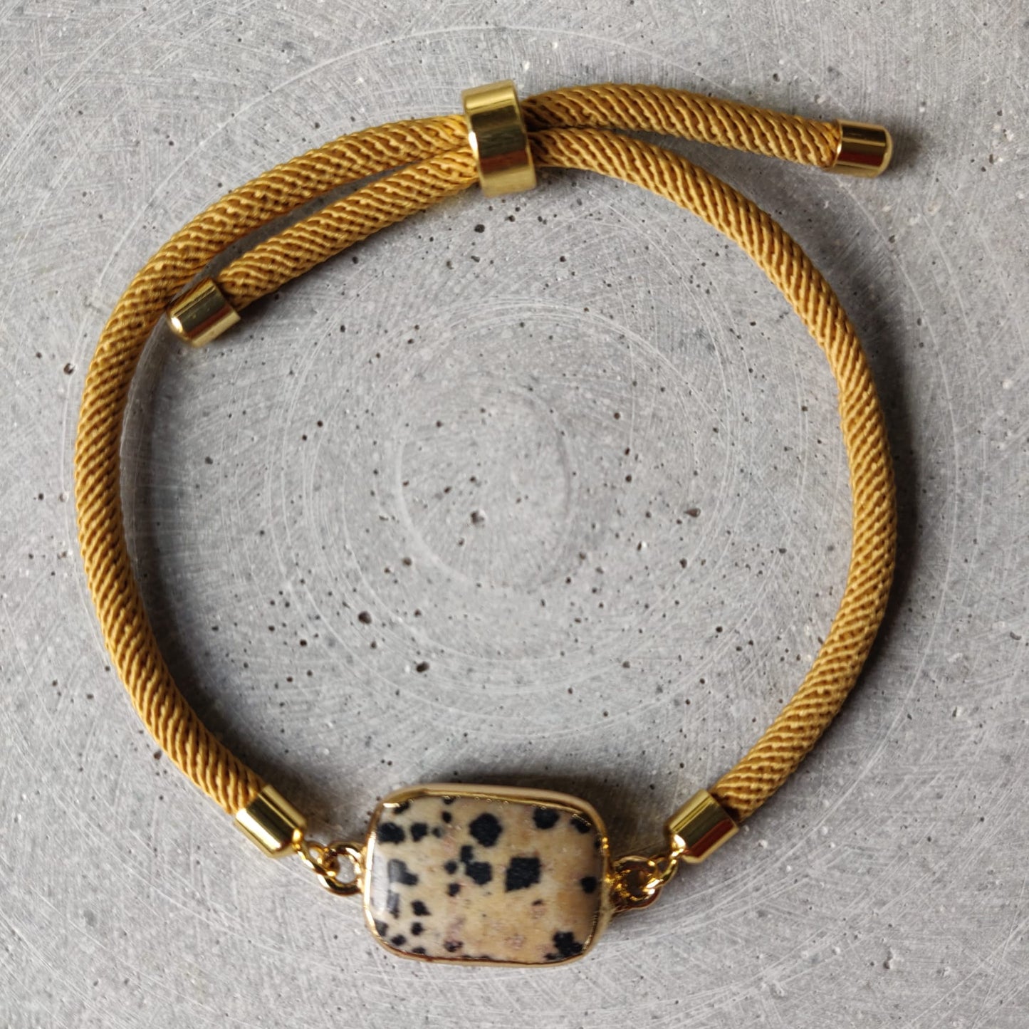 Dalmatian Jasper Adjustable Bracelet on a Mustard Twisted Cord