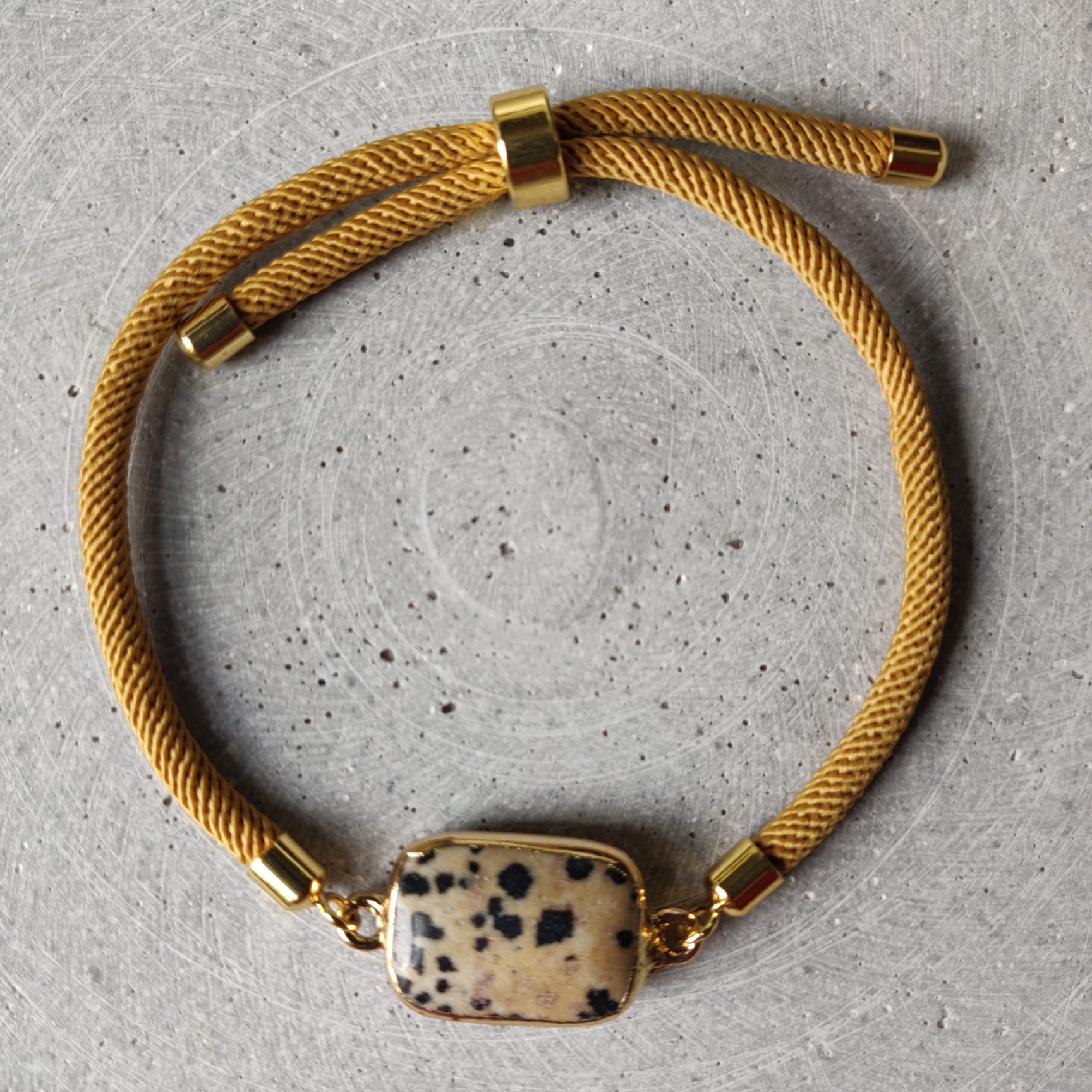 Dalmatian Jasper Adjustable Bracelet on a Mustard Twisted Cord