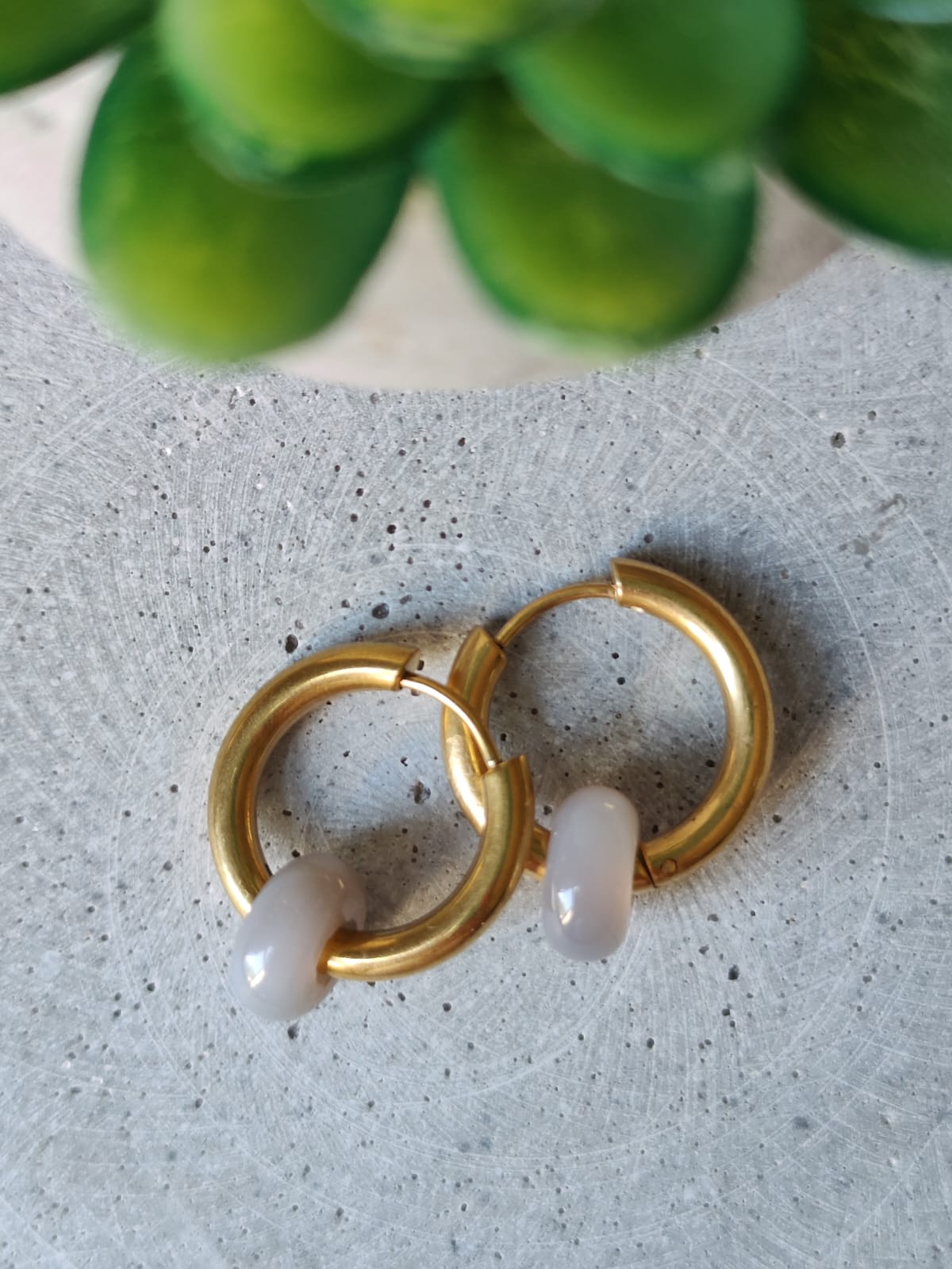 Grey Agate Donut Earrings on 15mm Gold Tone Stainless Steel Huggie