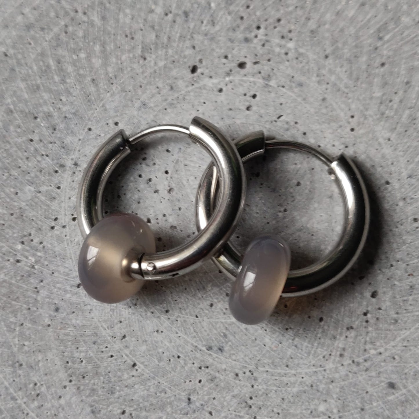 Grey Agate Donut Earrings on 20mm Stainless Steel Huggie