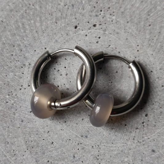 Grey Agate Donut Earrings on 20mm Stainless Steel Huggie