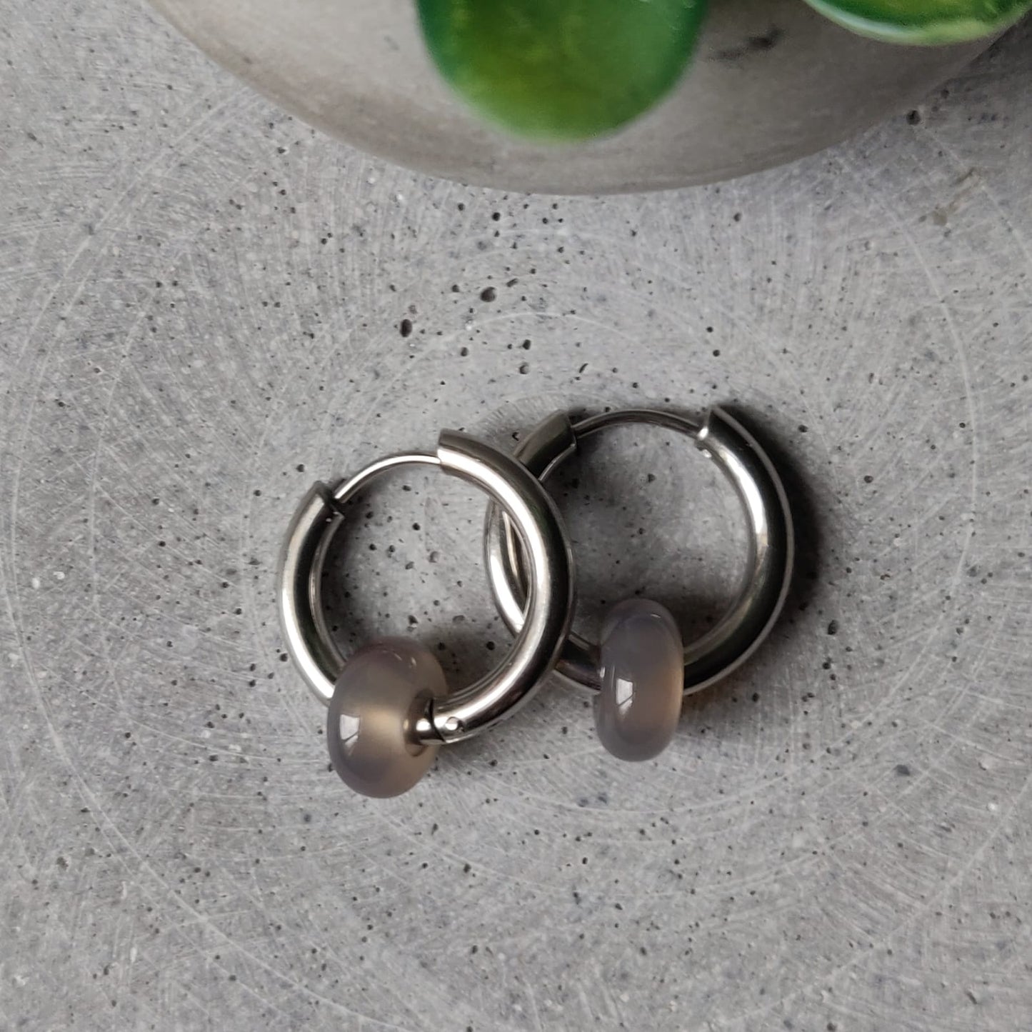 Grey Agate Donut Earrings on 20mm Stainless Steel Huggie