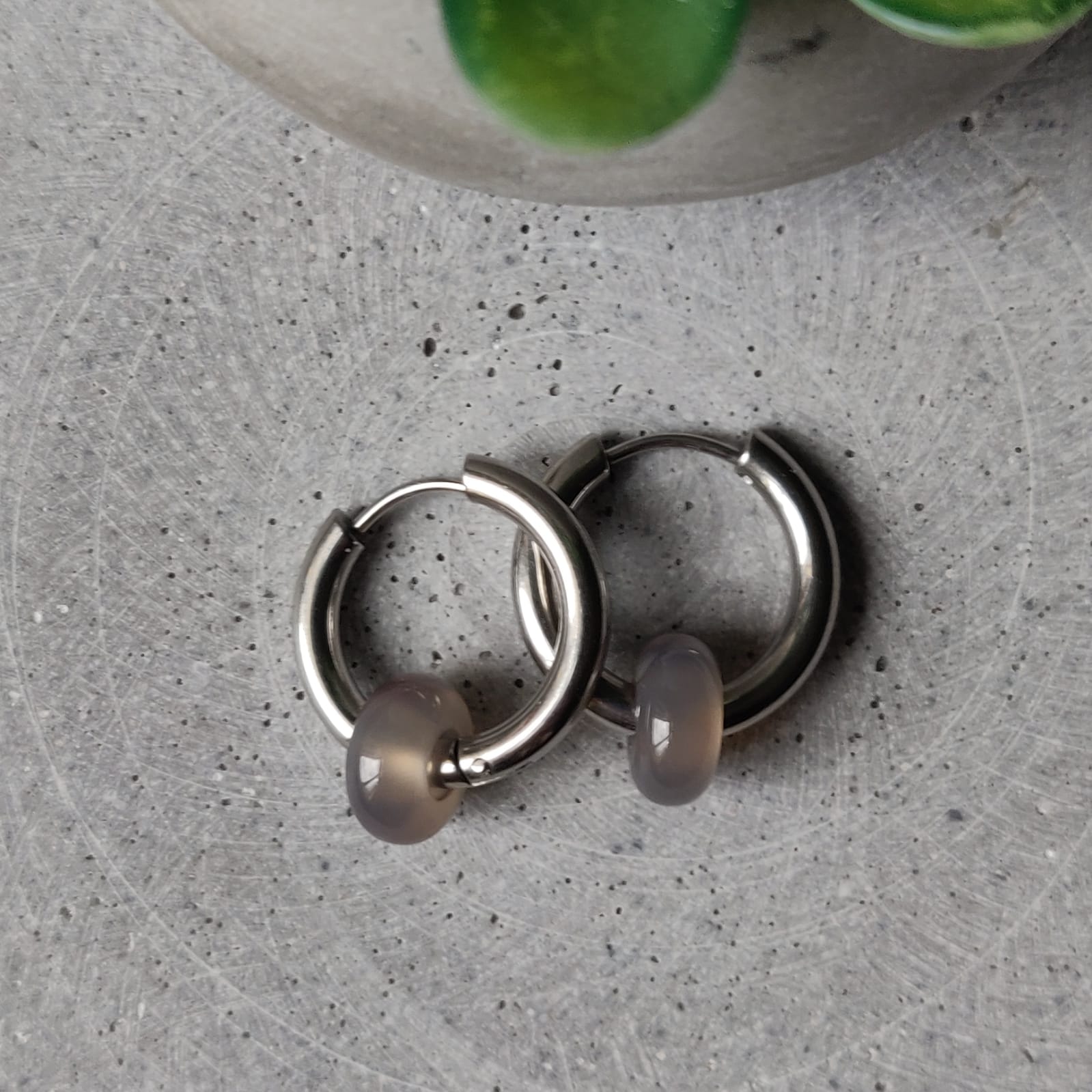Grey Agate Donut Earrings on 20mm Stainless Steel Huggie