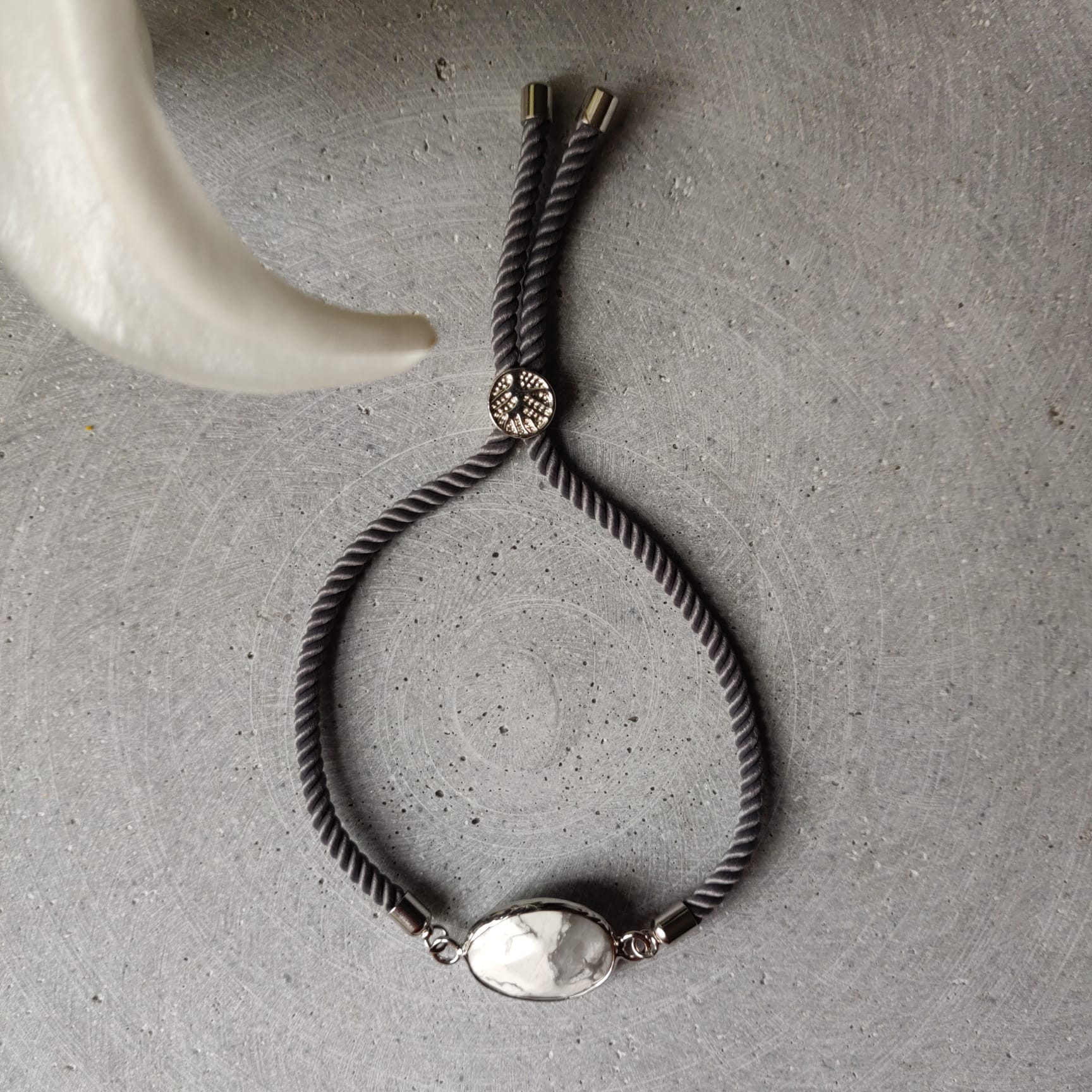Howlite Adjustable Bracelet On Mid Grey Twisted Cord