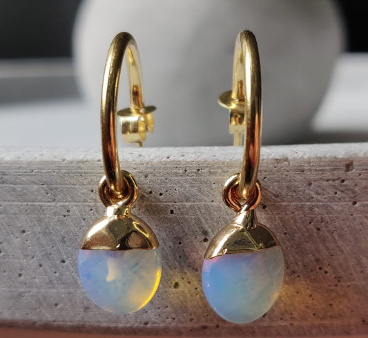 Opalite Oval Earrings On Gold Tone Stainless Steel Hoop
