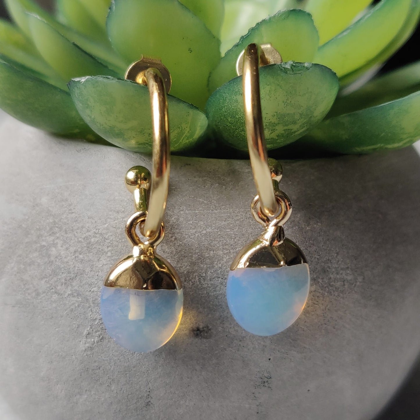 Opalite Oval Earrings On Gold Tone Stainless Steel Hoop