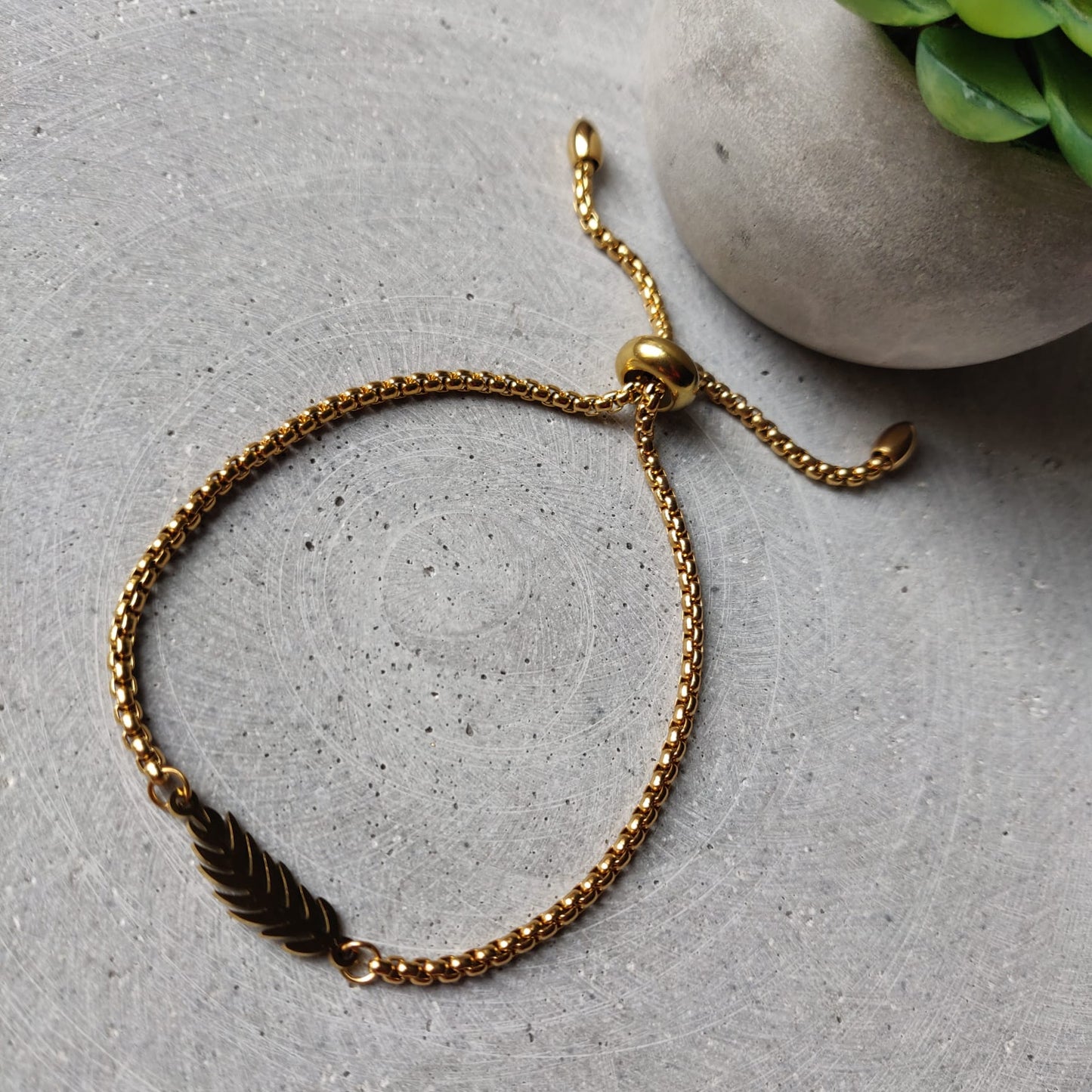 Feather Gold Tone Stainless Steel Adjustable Chain Bracelet