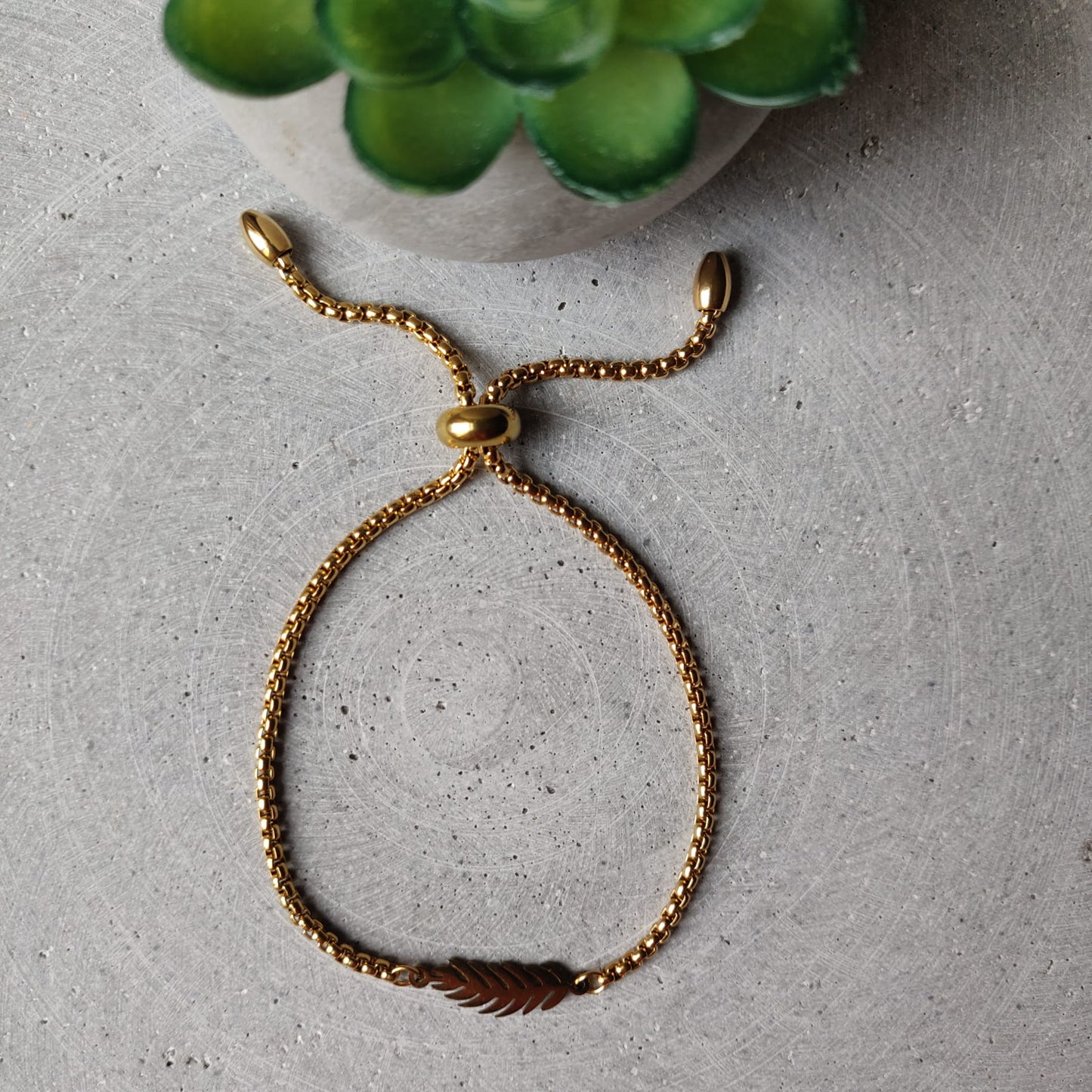 Feather Gold Tone Stainless Steel Adjustable Chain Bracelet