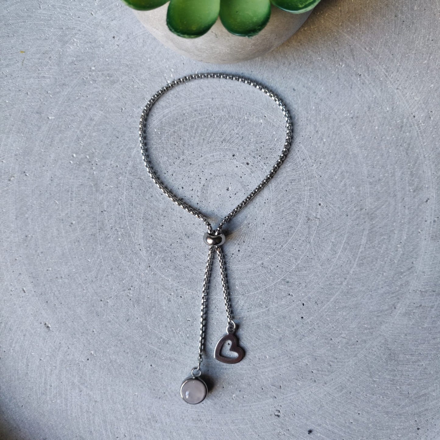 Rose Quartz Dangle Bracelet With Heart Charm on Stainless Steel Box Chain