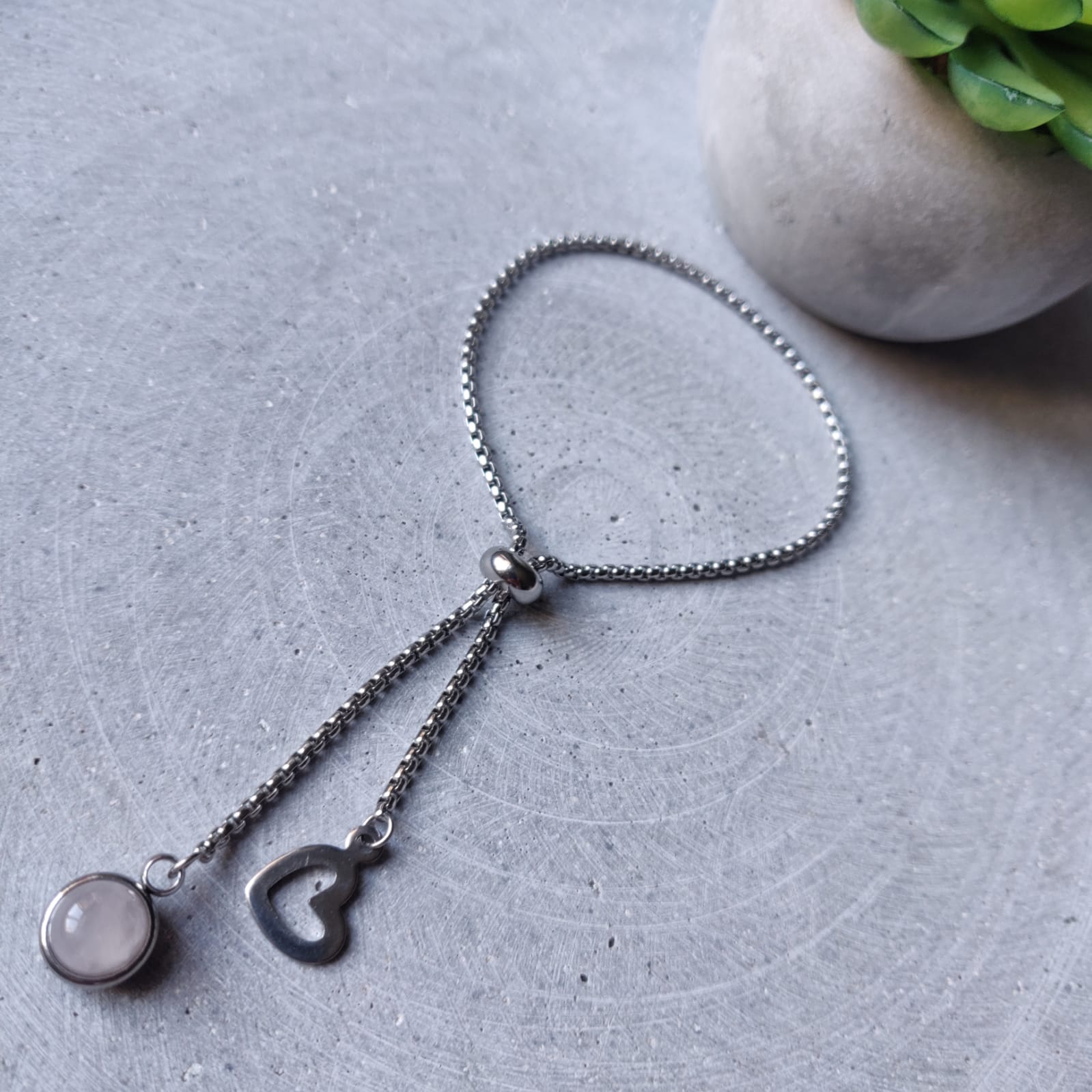 Rose Quartz Dangle Bracelet With Heart Charm on Stainless Steel Box Chain