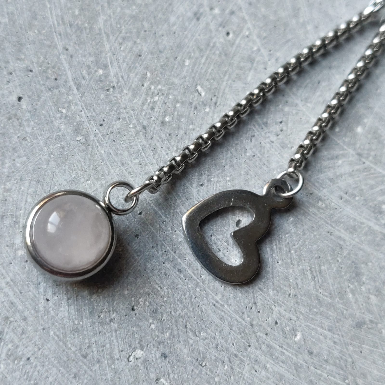 Rose Quartz Dangle Bracelet With Heart Charm on Stainless Steel Box Chain