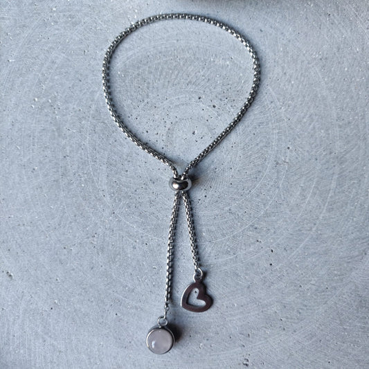 Rose Quartz Dangle Bracelet With Heart Charm on Stainless Steel Box Chain