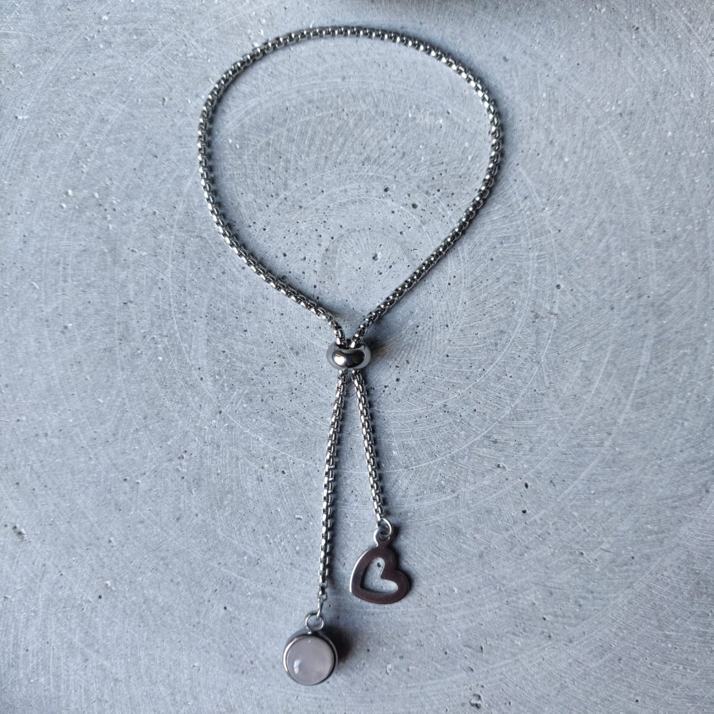 Matching Rose Quartz Dangle Bracelet on Stainless Steel Box Chain