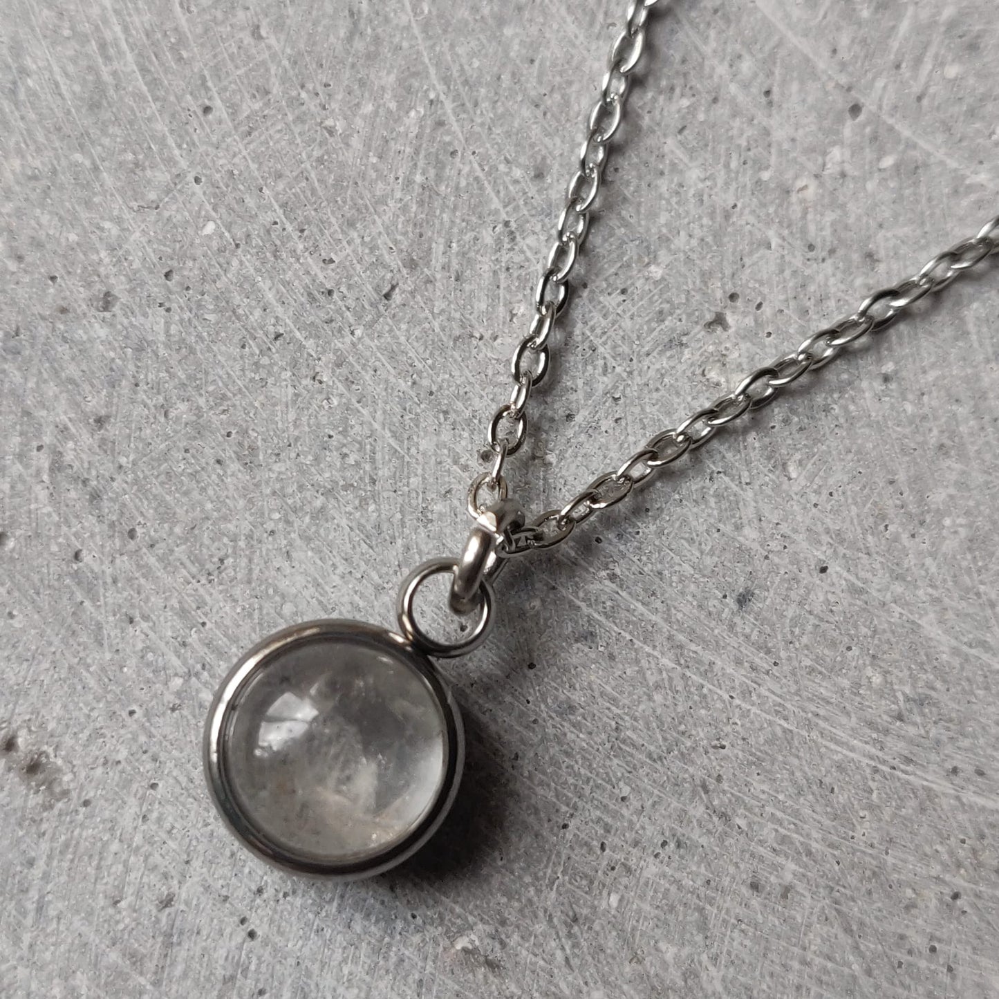 Circular Clear Quartz Drop Necklace on Stainless Steel Box Chain