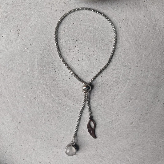 Clear Quartz Dangle Bracelet With Angel Wing Charm on Stainless Steel Box Chain