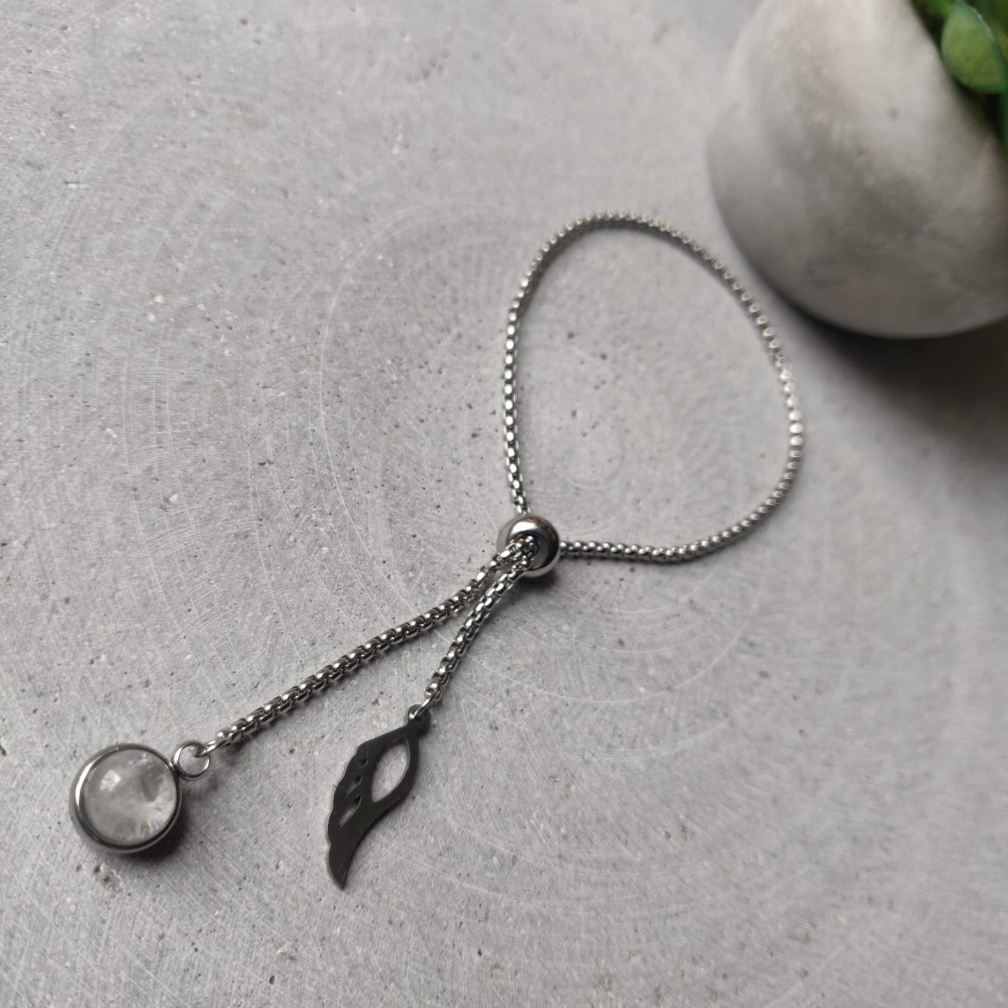 Clear Quartz Dangle Bracelet With Angel Wing Charm on Stainless Steel Box Chain