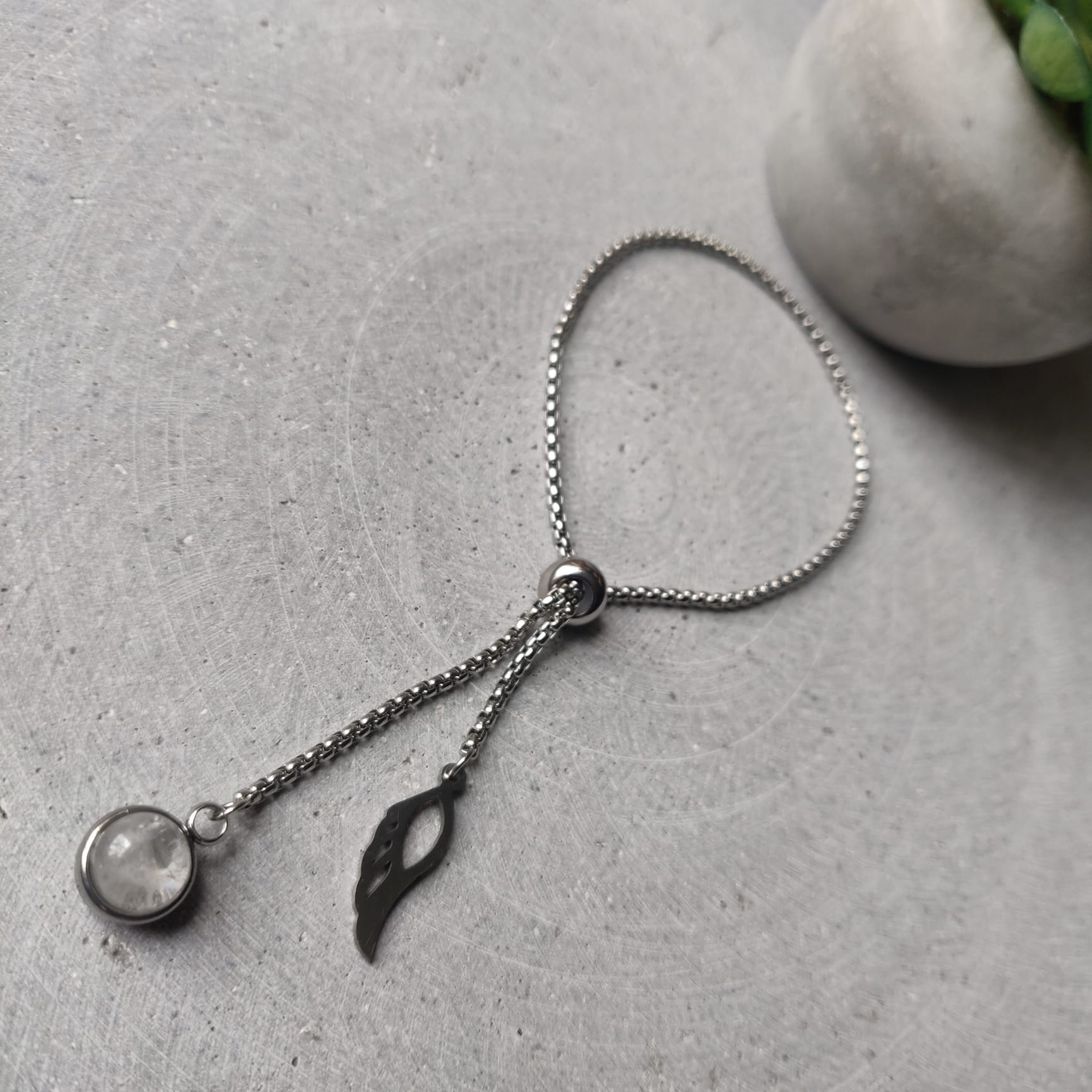 Clear Quartz Dangle Bracelet With Angel Wing Charm on Stainless Steel Box Chain