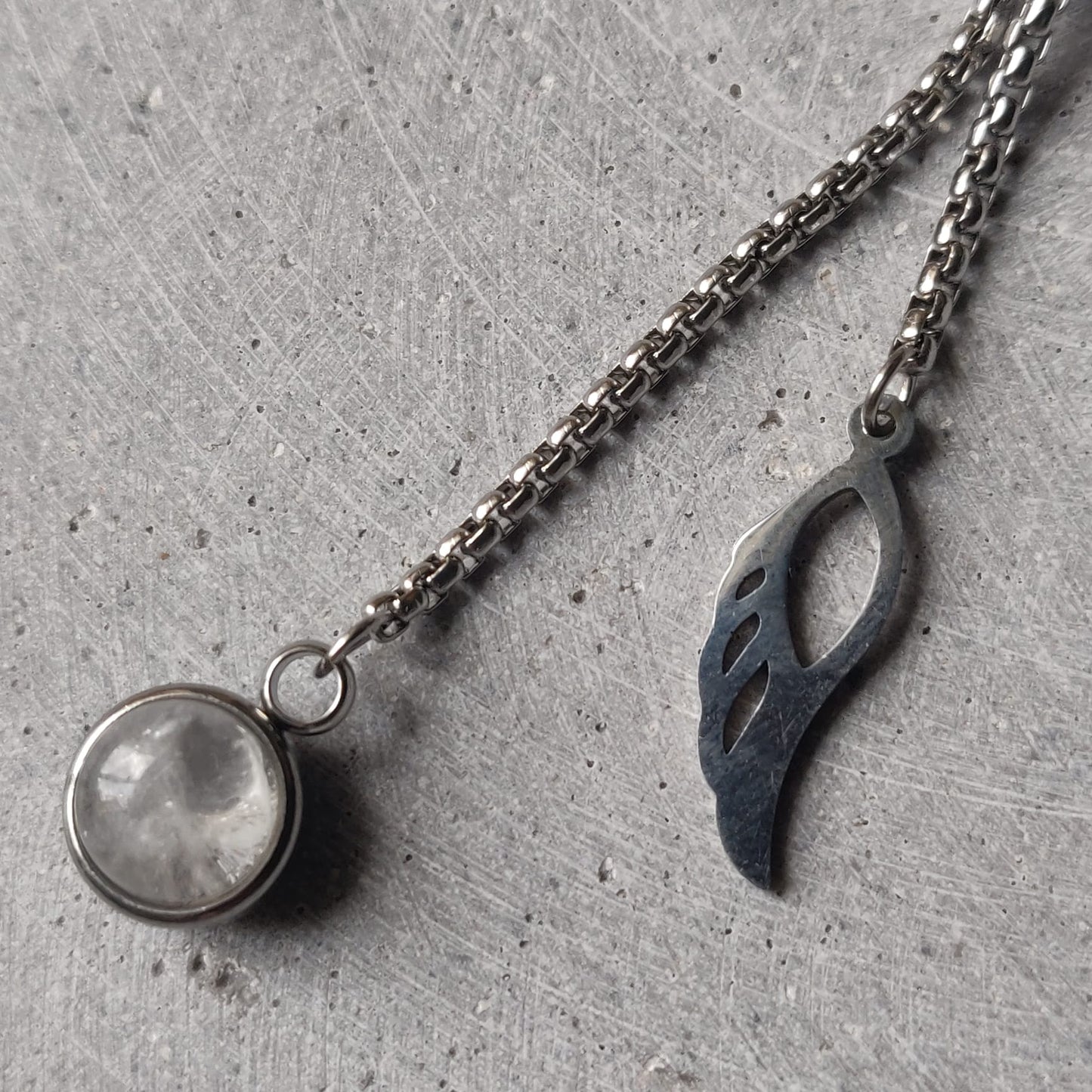Clear Quartz Dangle Bracelet With Angel Wing Charm on Stainless Steel Box Chain