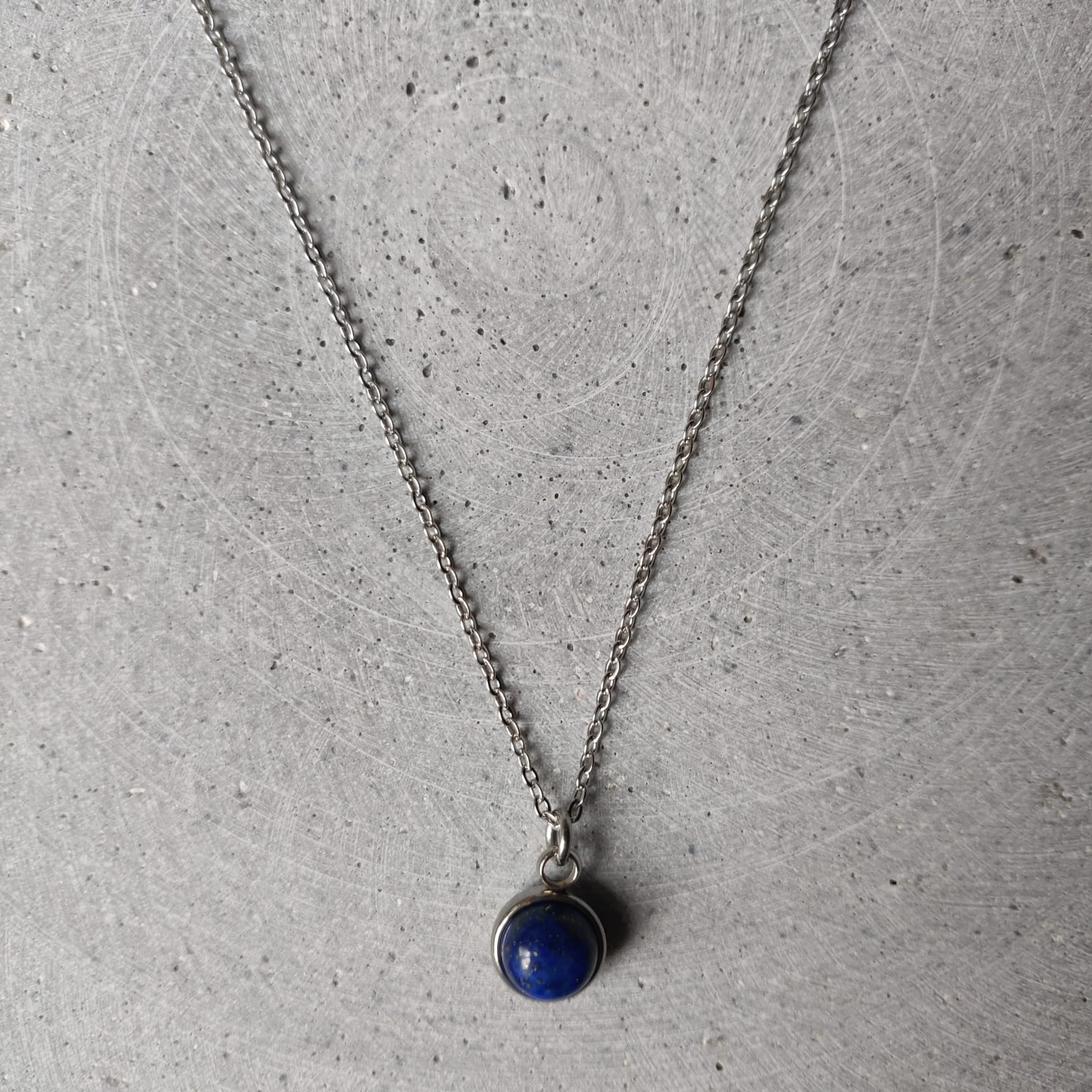 Circular Lapis Lazuli Drop Necklace on Stainless Steel Box Chain