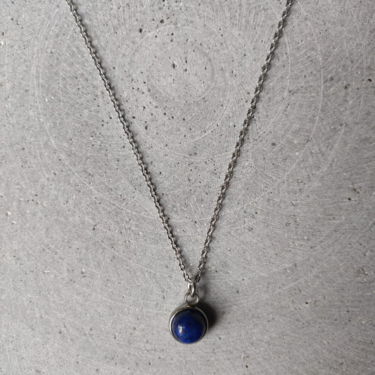 Circular Lapis Lazuli Drop Necklace on Stainless Steel Box Chain