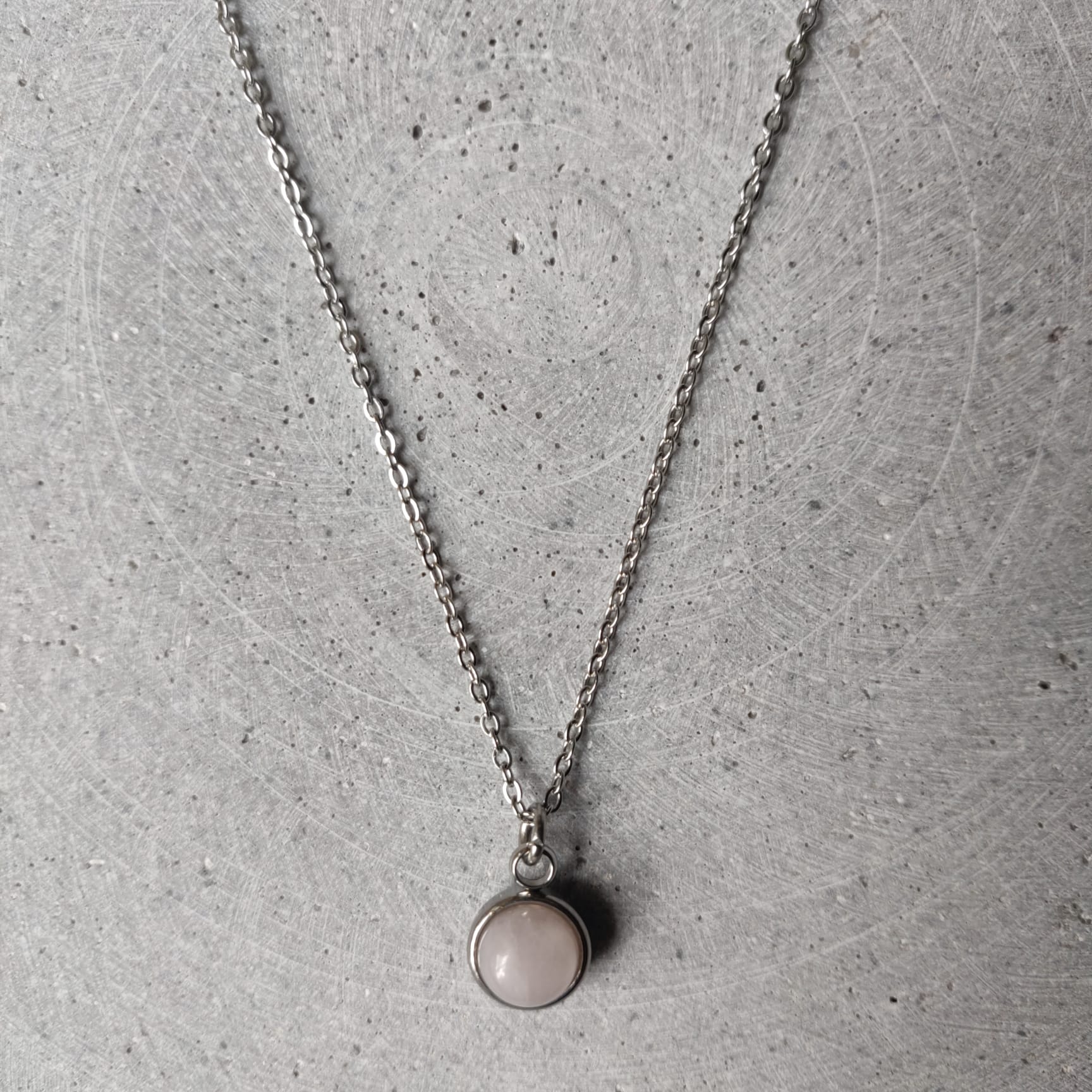 Circular Rose Quartz Drop Necklace on Stainless Steel Box Chain