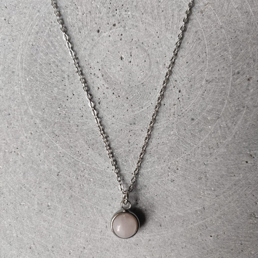 Circular Rose Quartz Drop Necklace on Stainless Steel Box Chain