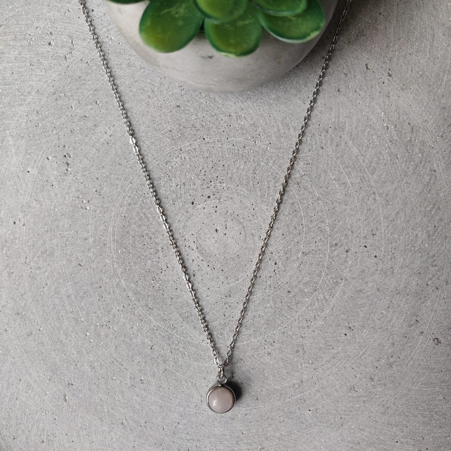 Circular Rose Quartz Drop Necklace on Stainless Steel Box Chain
