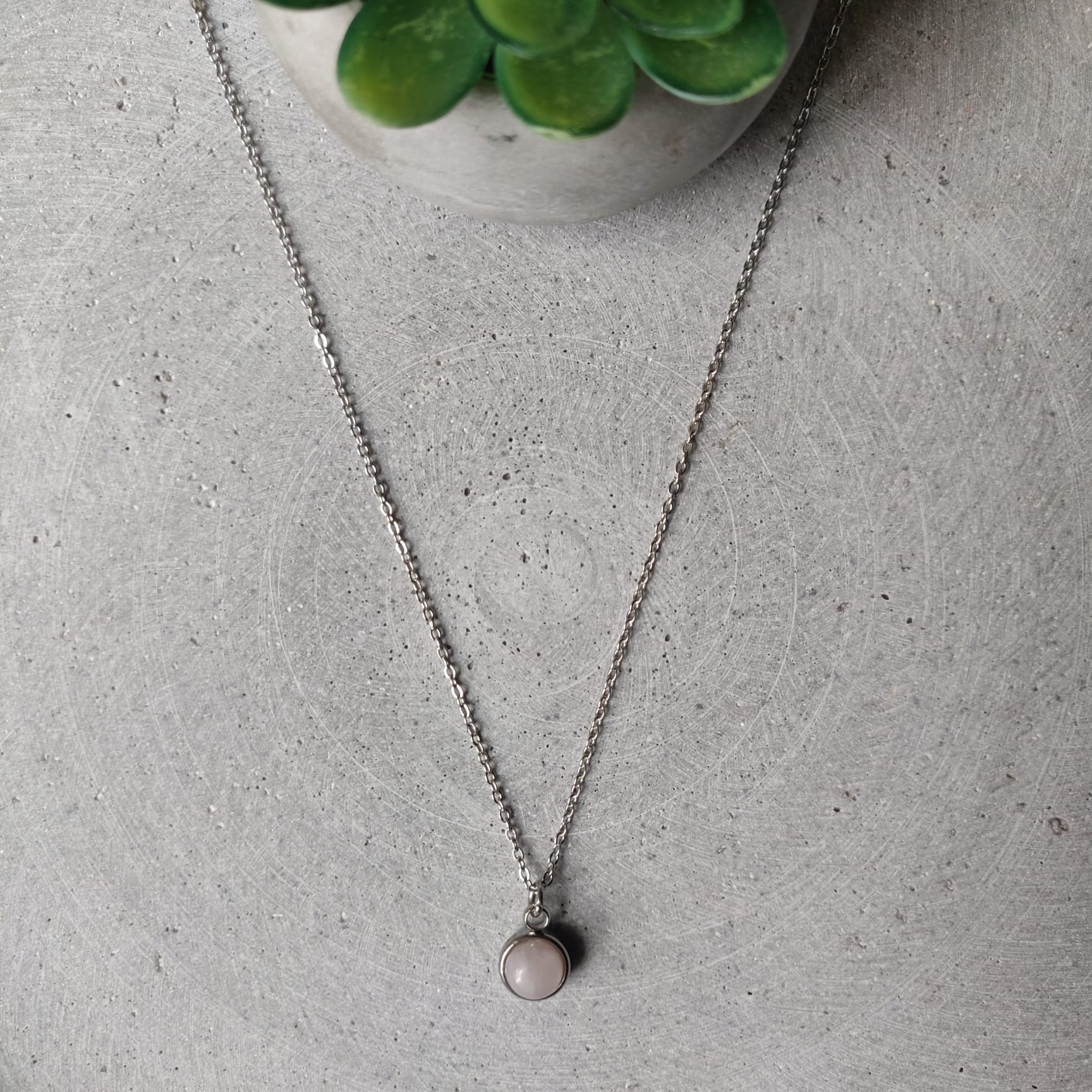 Circular Rose Quartz Drop Necklace on Stainless Steel Box Chain