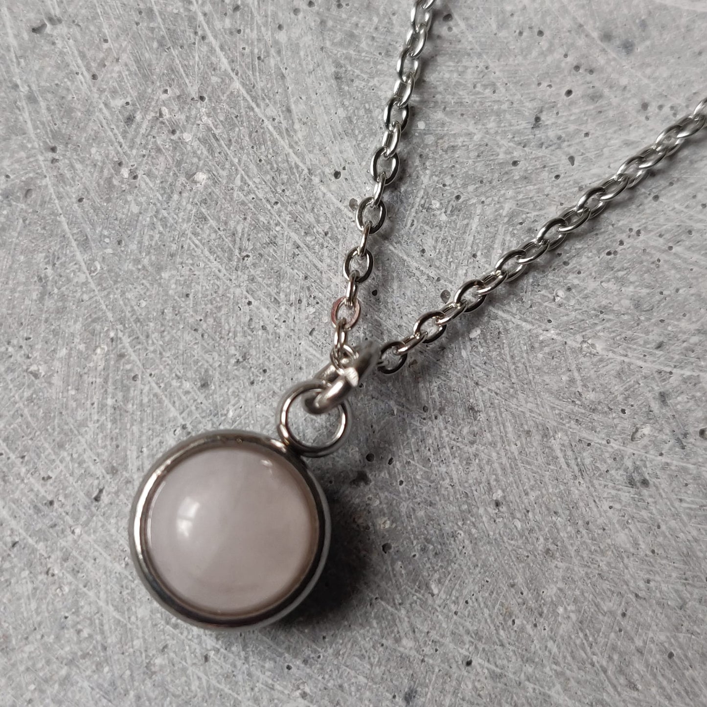 Circular Rose Quartz Drop Necklace on Stainless Steel Box Chain