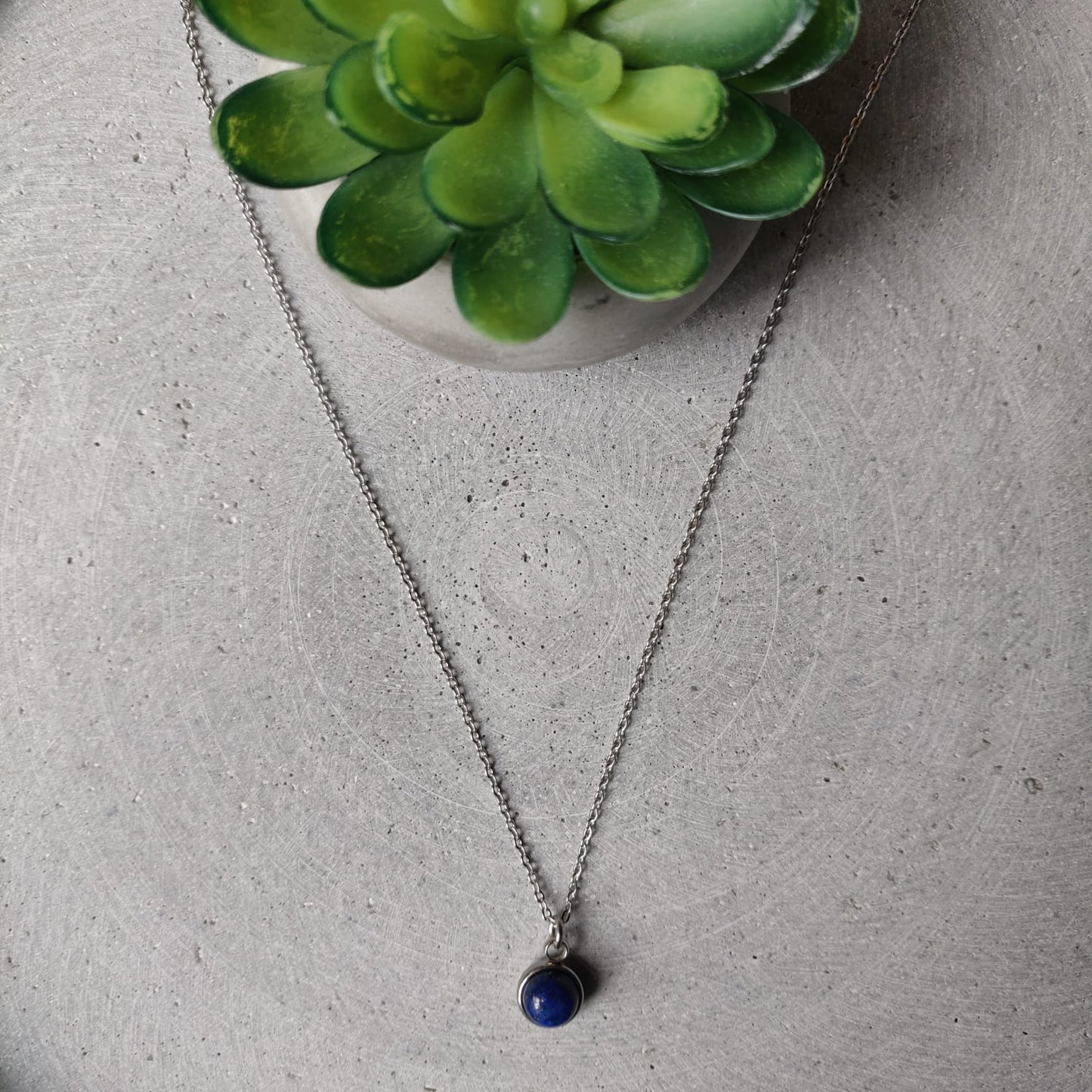 Circular Lapis Lazuli Drop Necklace on Stainless Steel Box Chain