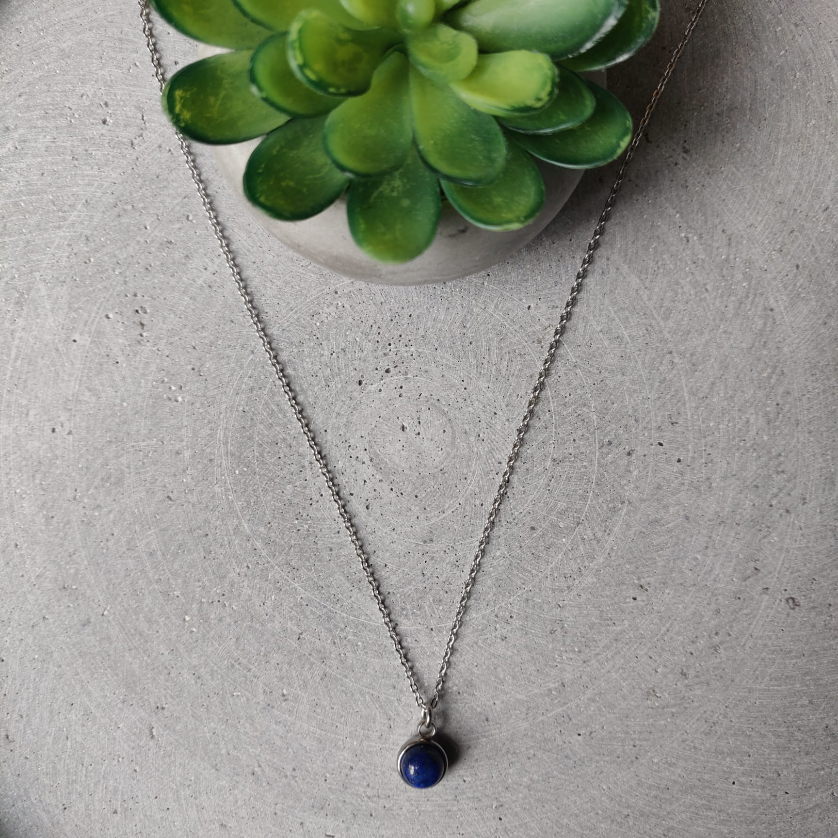Circular Lapis Lazuli Drop Necklace on Stainless Steel Box Chain